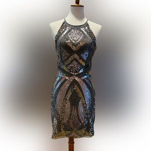 Minuet mini sleeveless grey, black and silver sequins cocktail dress size large